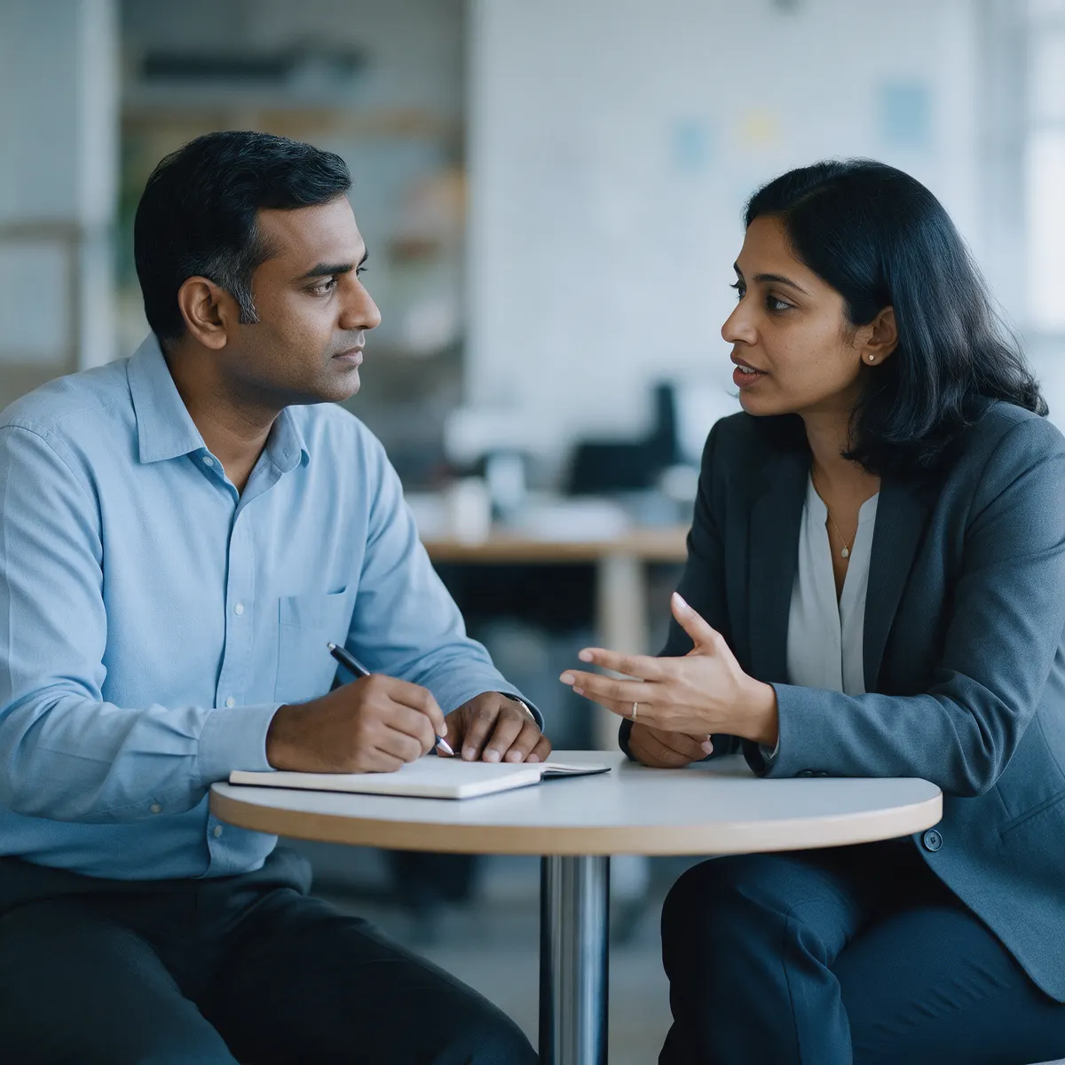 A man taking notes while a woman explains her feedback