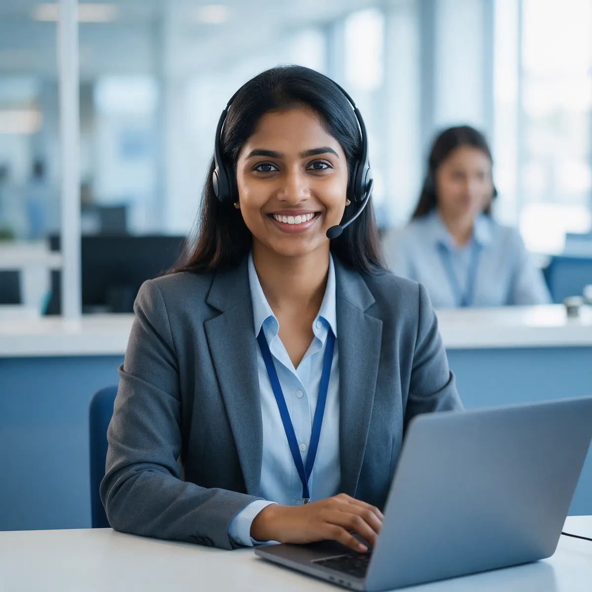 A support executive with a headset smiling at her desk
