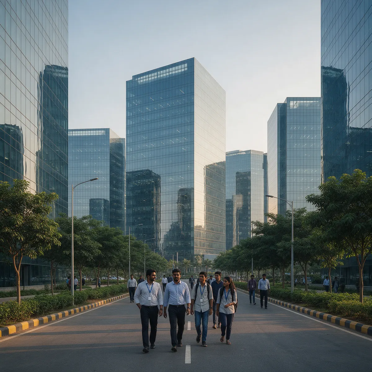 Office workers walking through a technology district of glass towers