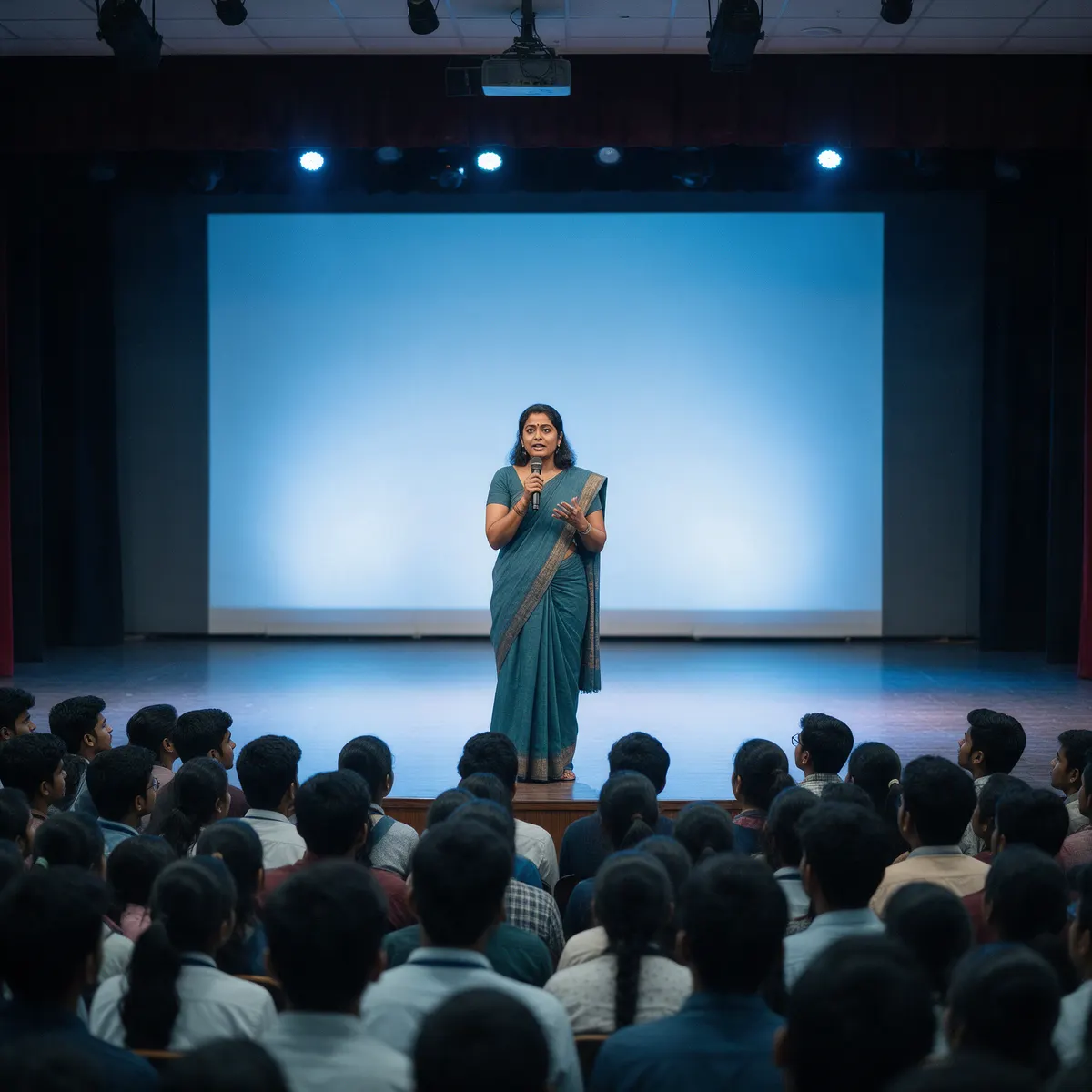 A speaker addressing students in a college auditorium